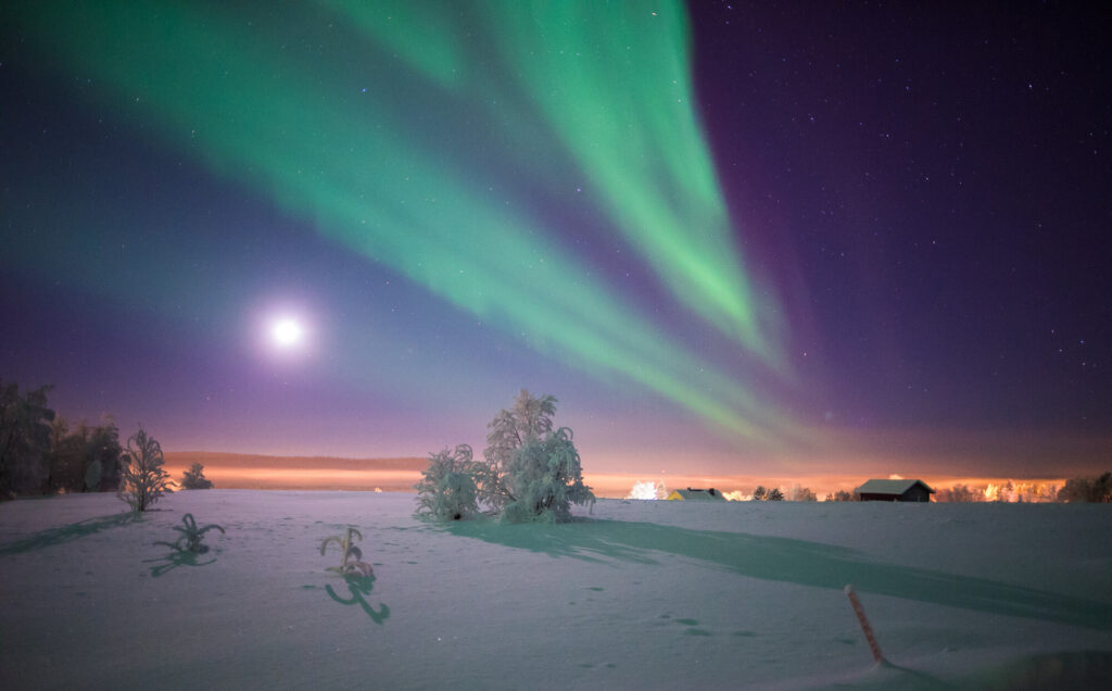 Het noorderlicht aan een heldere paarse en oranje hemel in Lapland